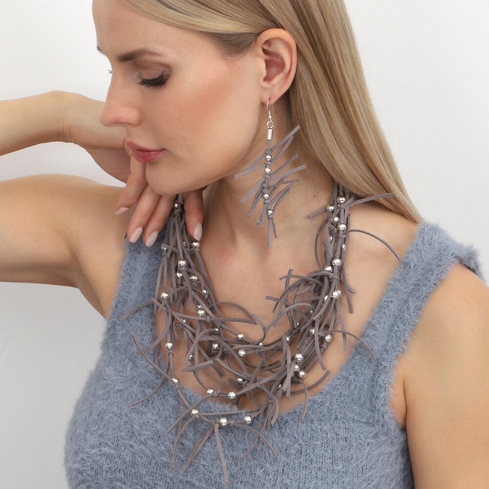 Hand Made Tassel Necklace, Bracelet and Earrings Set with Silver Beads